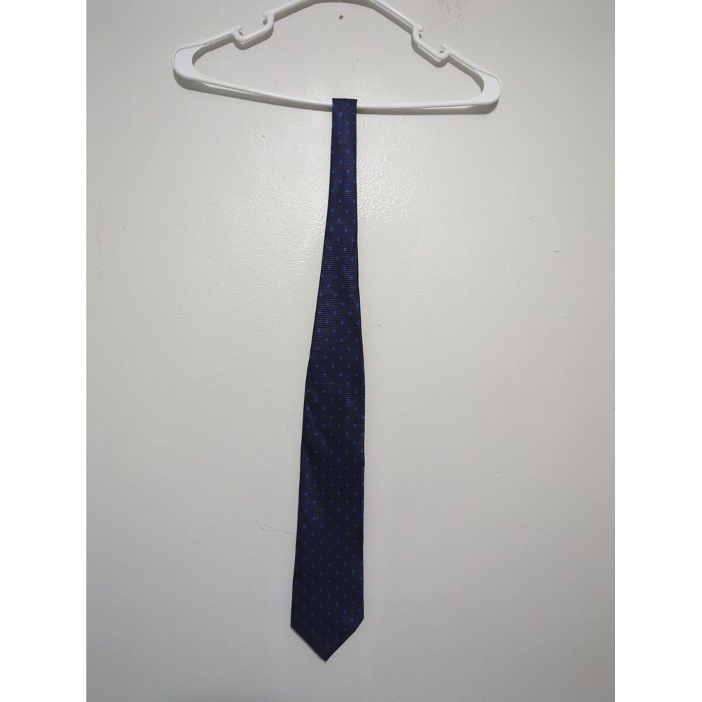 Navy Blue Polka Dot Silk Tie Made in UK Ribbed Woven Classic Necktie